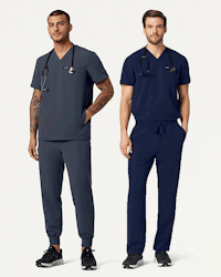flashing images of 2 healthcare workers wearing different scrub sets
