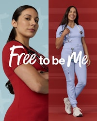 two nurses wear red and blue scrubs
