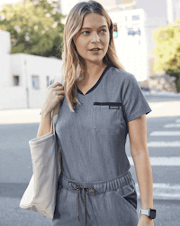 flashing images of nurse wearing different shades of blue scrubs