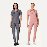 2 female healthcare workers wearing different scrub set combinations