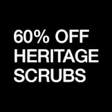 60% off heritage scrubs" white copy on black background