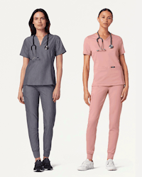 2 female healthcare workers wearing different scrub set combinations