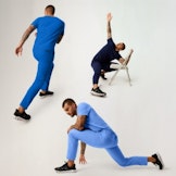 3 HCP workers stretching in blue scrubs