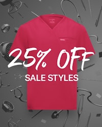 25% off sale message with pink scrub top in the background