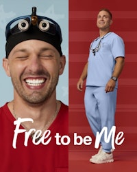 two male nurses wearing red and blue scrubs