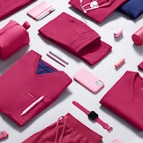 Flat lay showing fuchsia scrubs and pink accessories