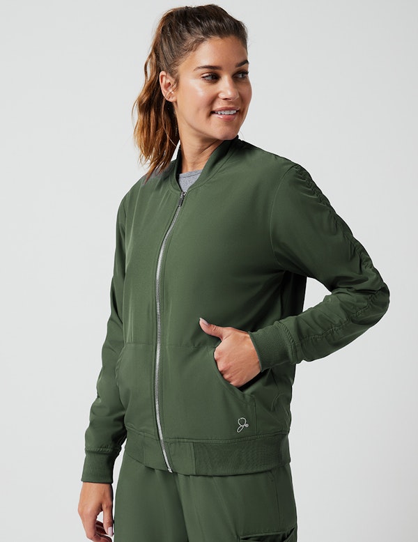 Ruched Bomber Jacket in Army Green - Women's Jackets by Jaanuu