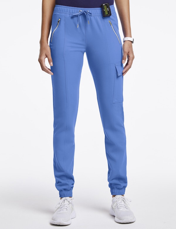Women's Essential Gold Zip Jogger in Ceil Blue Medical Scrubs by Jaanuu