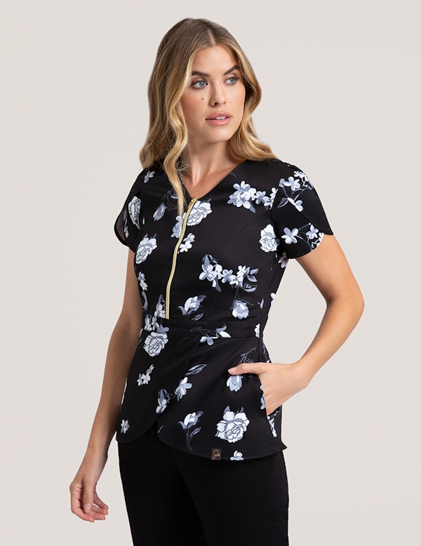Tulip Top in Midnight Floral Medical Scrubs by Jaanuu