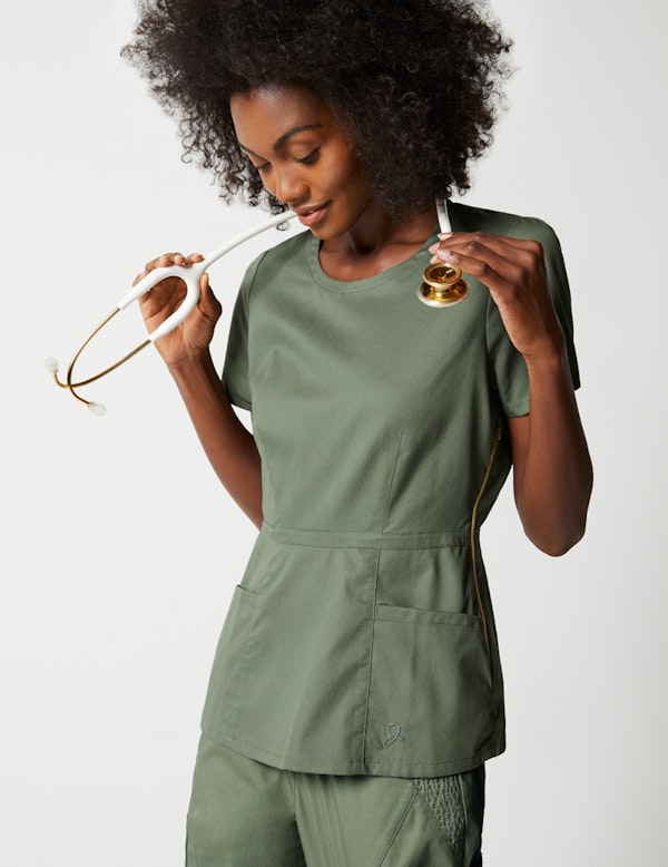 Peplum Top in Olive Green Medical Scrubs by Jaanuu