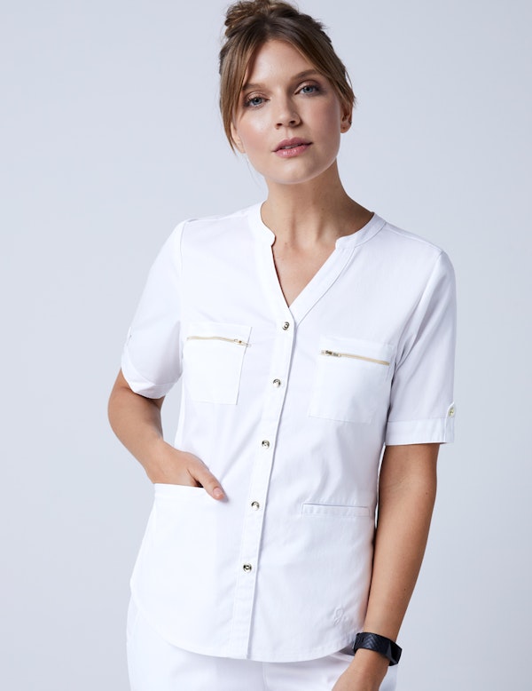 Button Down Top in White Medical Scrubs by Jaanuu