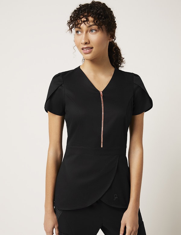 Tulip Top in Black Rose Gold Zipper Medical Scrubs by Jaanuu