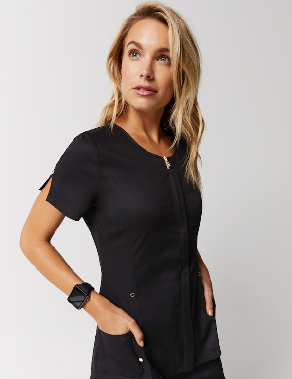 Hidden Zipper Top in Black Medical Scrubs by Jaanuu