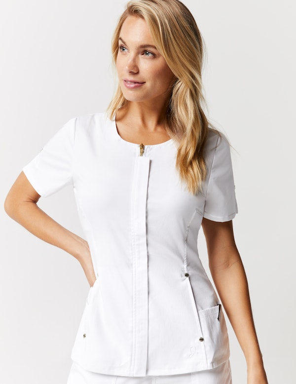 Hidden Zipper Top in White Medical Scrubs by Jaanuu