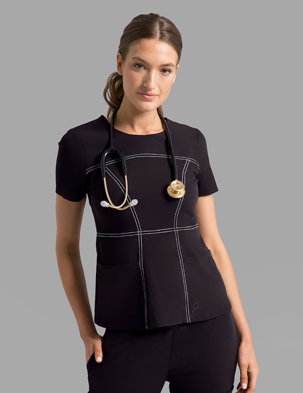 Contrast Stitch Top in Black Medical Scrubs by Jaanuu