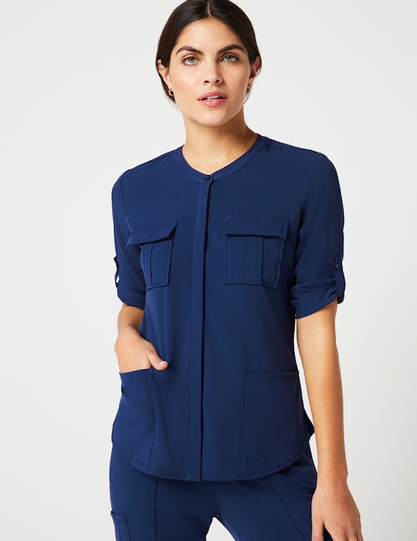 Cuffed Sleeve Button Down Top in Estate Navy Blue Medical Scrubs by