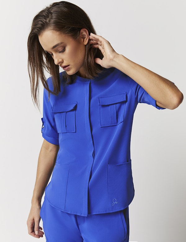 Cuffed Sleeve Button Down Top in Royal Blue Medical Scrubs by Jaanuu