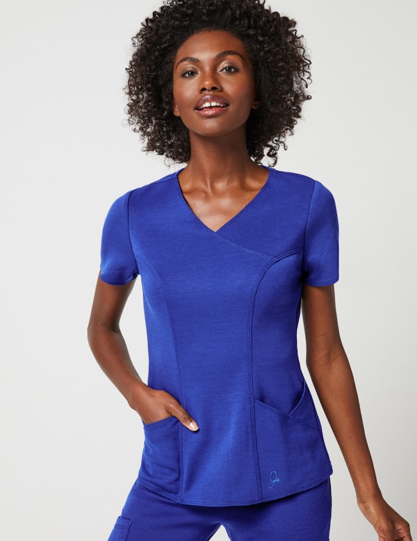 Mock Wrap Top (Original Fabric) in Galaxy Blue Medical Scrubs by Jaanuu