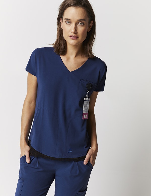 Lace Hem Dolman Top in Estate Navy Blue - Medical Scrubs by Jaanuu