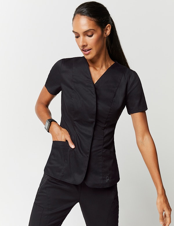 Crossover Zip Top in Black Medical Scrubs by Jaanuu