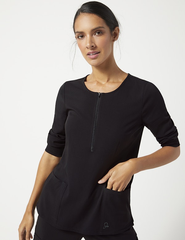 ThreeQuarter Sleeve Zip Top in Black Medical Scrubs by Jaanuu
