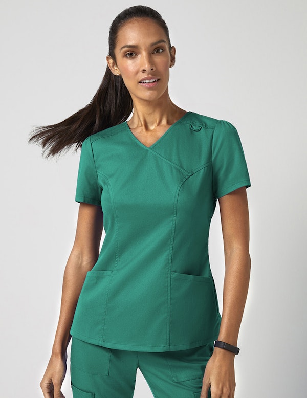 Mock Wrap Neck Top in Hunter Green Medical Scrubs by Jaanuu