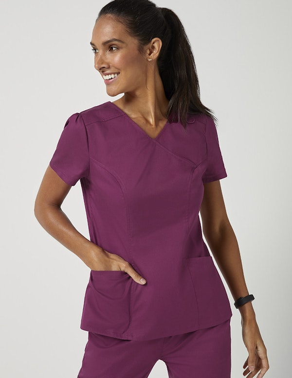 Mock Wrap Neck Top in Wine - Medical Scrubs by Jaanuu