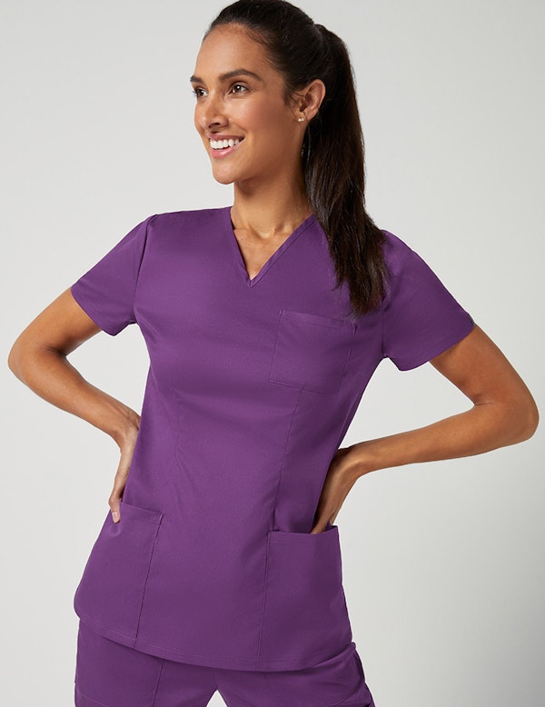 Cinched VNeck Top in Eggplant Medical Scrubs by Jaanuu