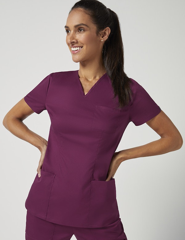 Cinched VNeck Top in Wine Medical Scrubs by Jaanuu