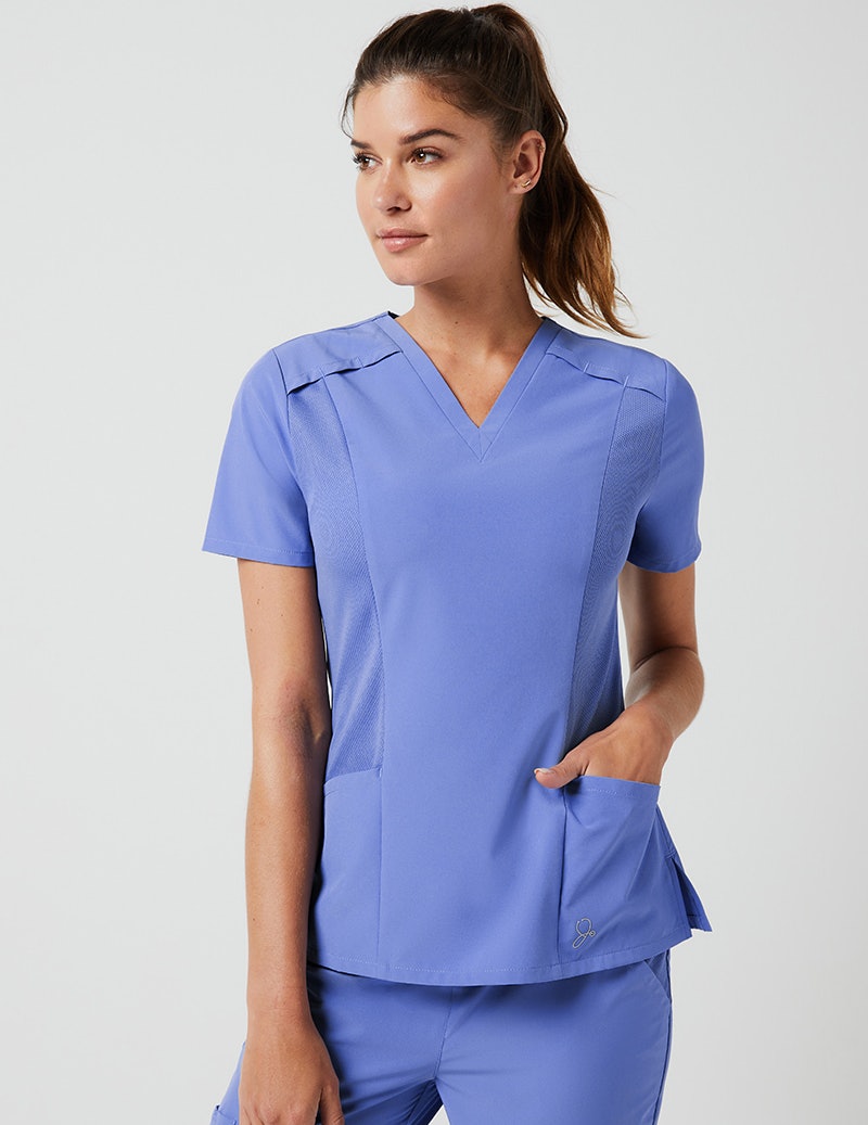 Paneled Mesh V Neck Top In Ceil Blue Medical Scrubs By Jaanuu