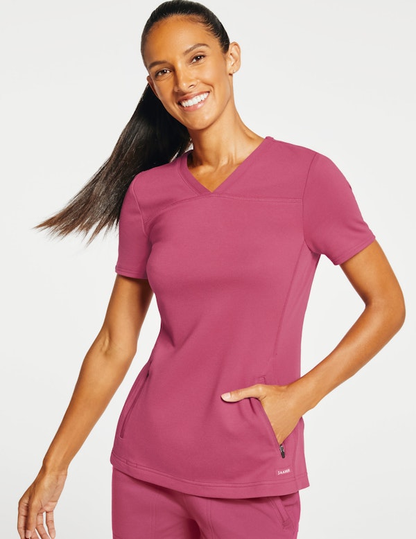 Women's 2Pocket SideRib Top in Warm Berry Medical Scrubs by Jaanuu