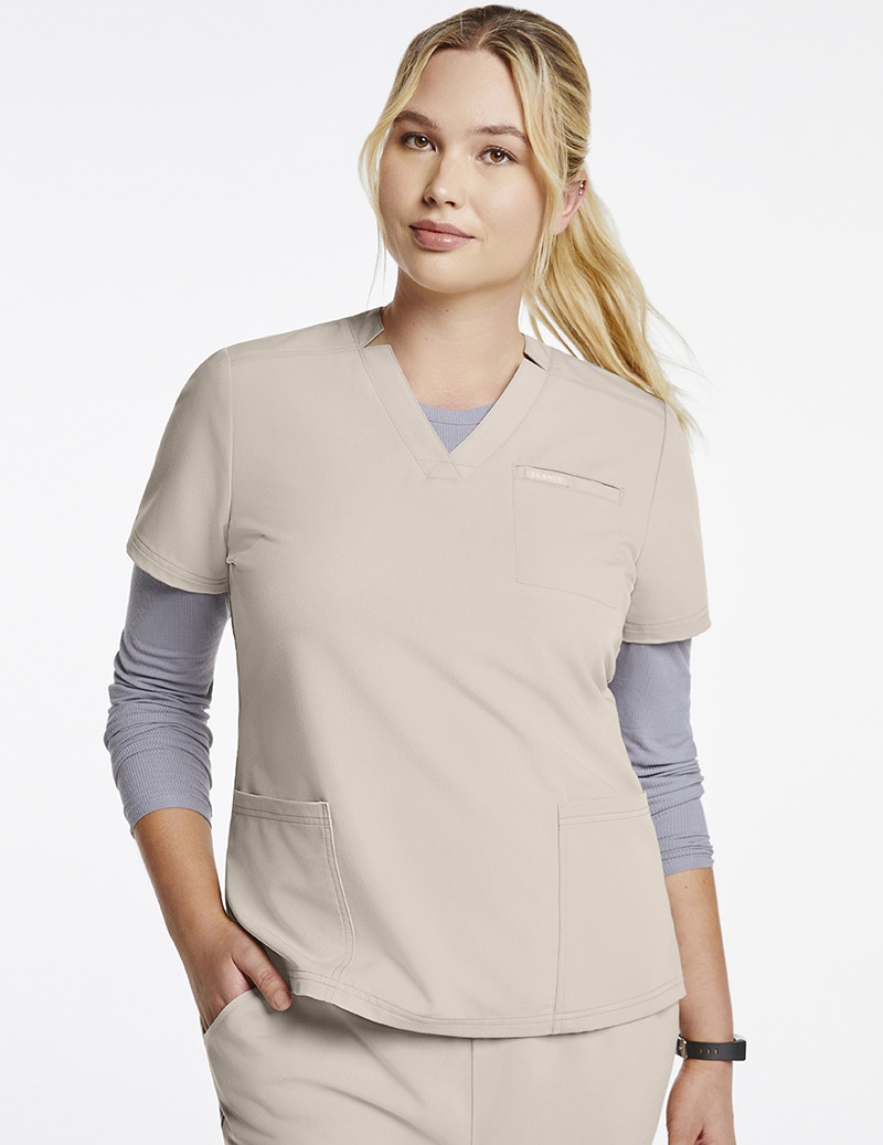 Women's Relaxed 3Pocket Top in Soft Khaki Medical Scrubs by Jaanuu