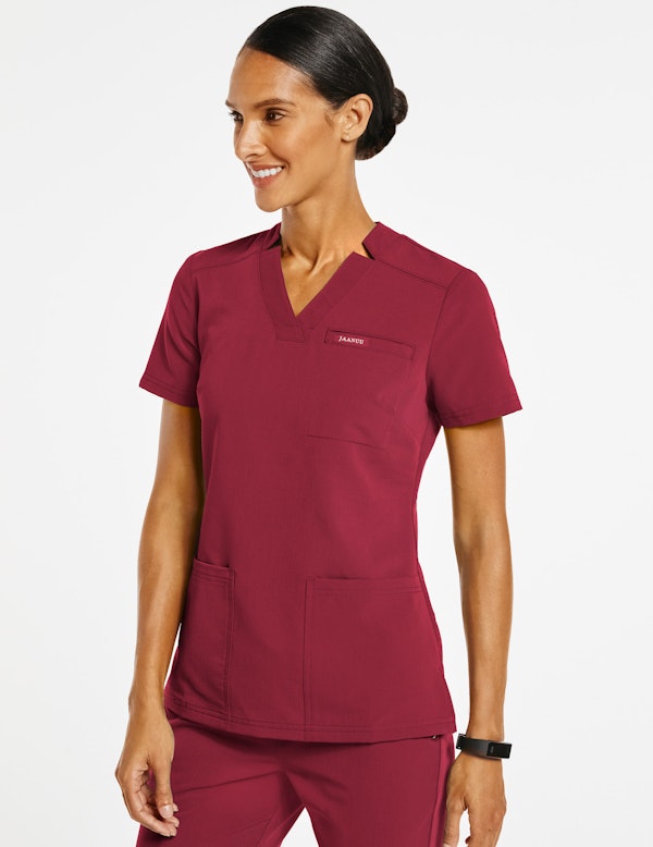 Women's Relaxed 3Pocket Top in Wine Medical Scrubs by Jaanuu