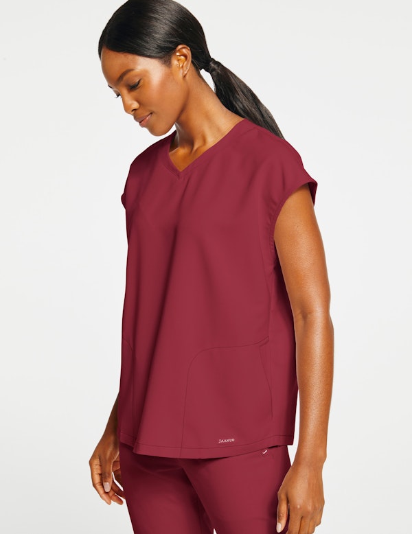 Women's 2Pocket CapSleeve Top in Wine Medical Scrubs by Jaanuu