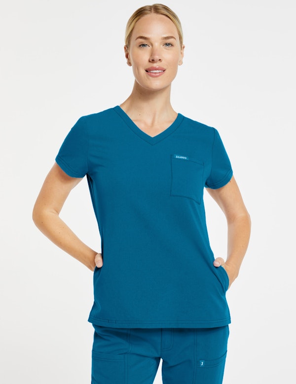 Women's 3Pocket VNeck Top in Caribbean Blue Medical Scrubs by Jaanuu