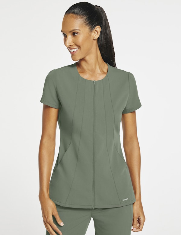 Women's Princess ZipFront Top in Olive Green Medical Scrubs by Jaanuu