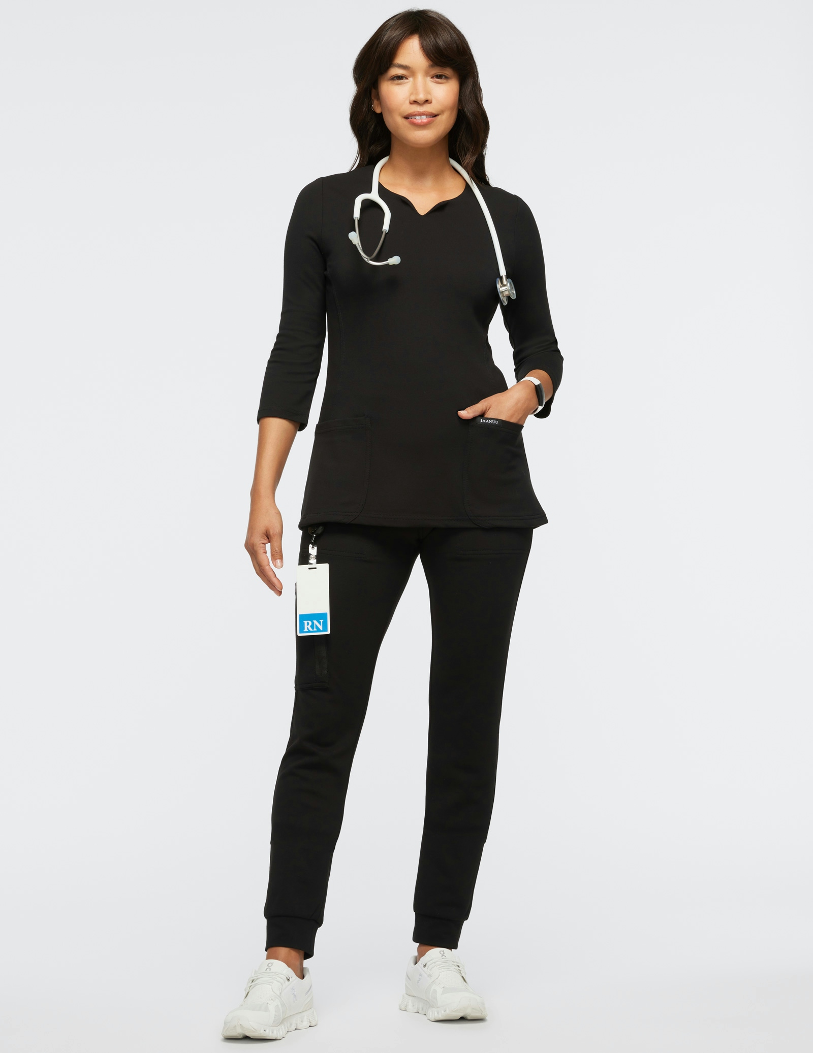 Women's Black 3/4 Sleeve VNeck Scrub Top Jaanuu