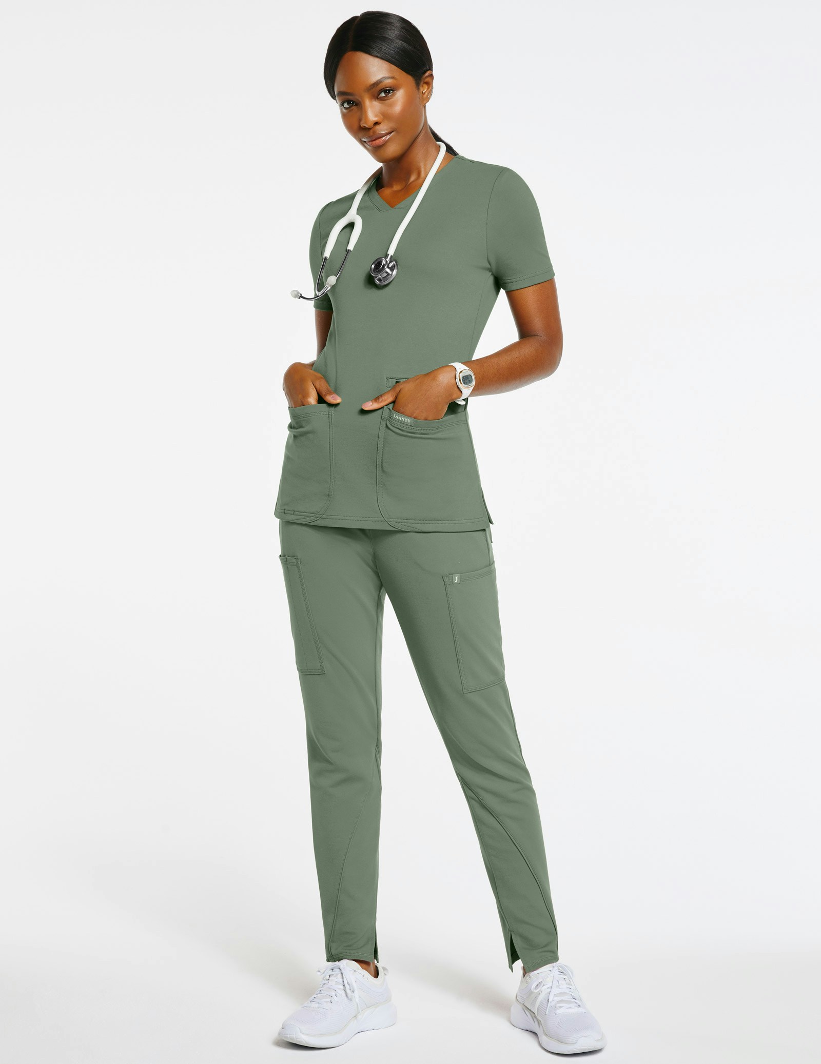 Women's 4-Pocket V-Neck Top in Olive Green - Medical Scrubs by Jaanuu