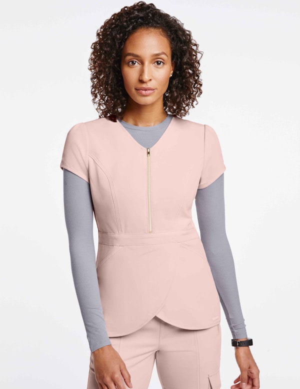 Women's Signature Gold Zip Tulip Top in Blushing Pink Medical Scrubs
