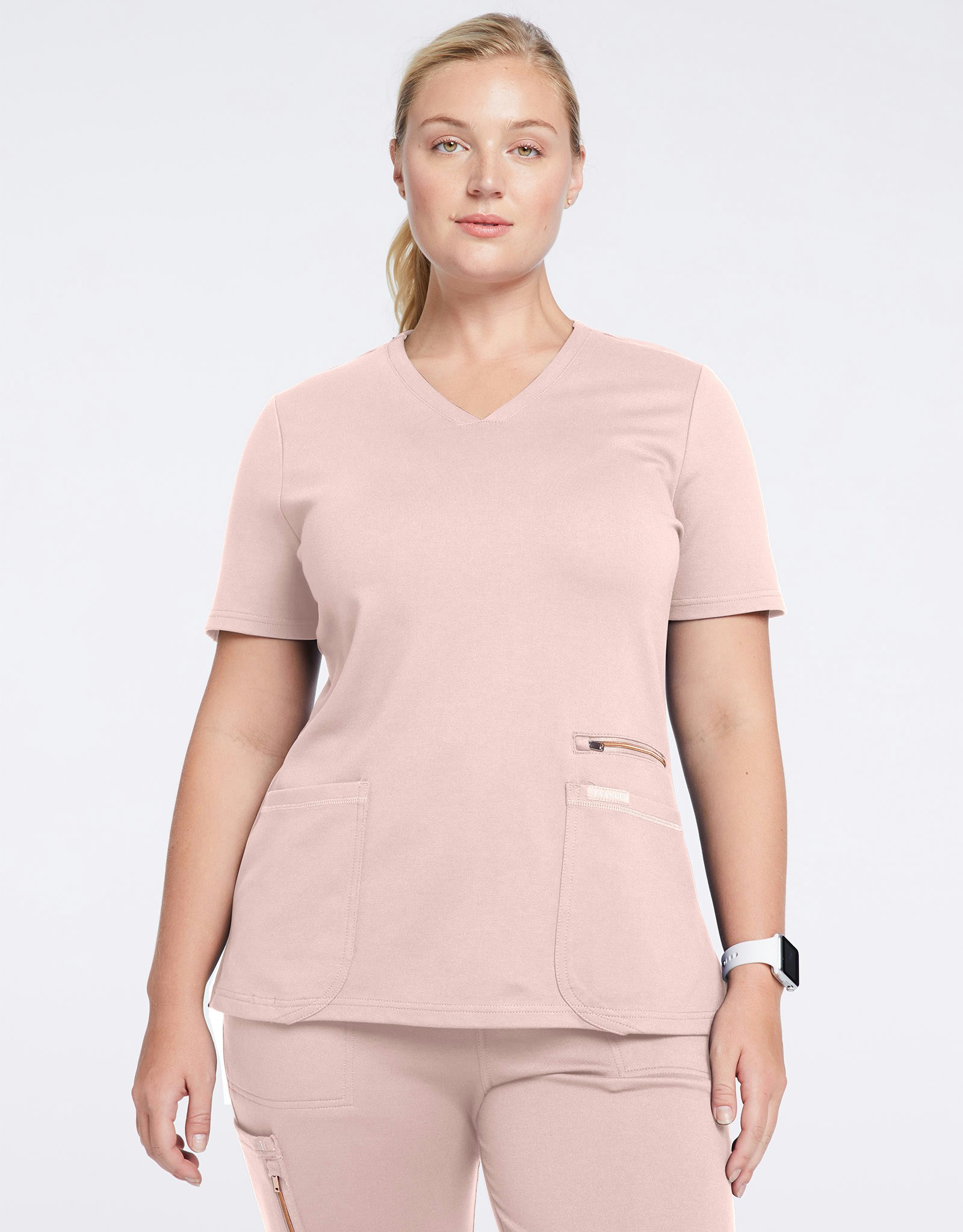 Women's Blushing Pink Rose Trim 4Pocket Scrub Top Jaanuu