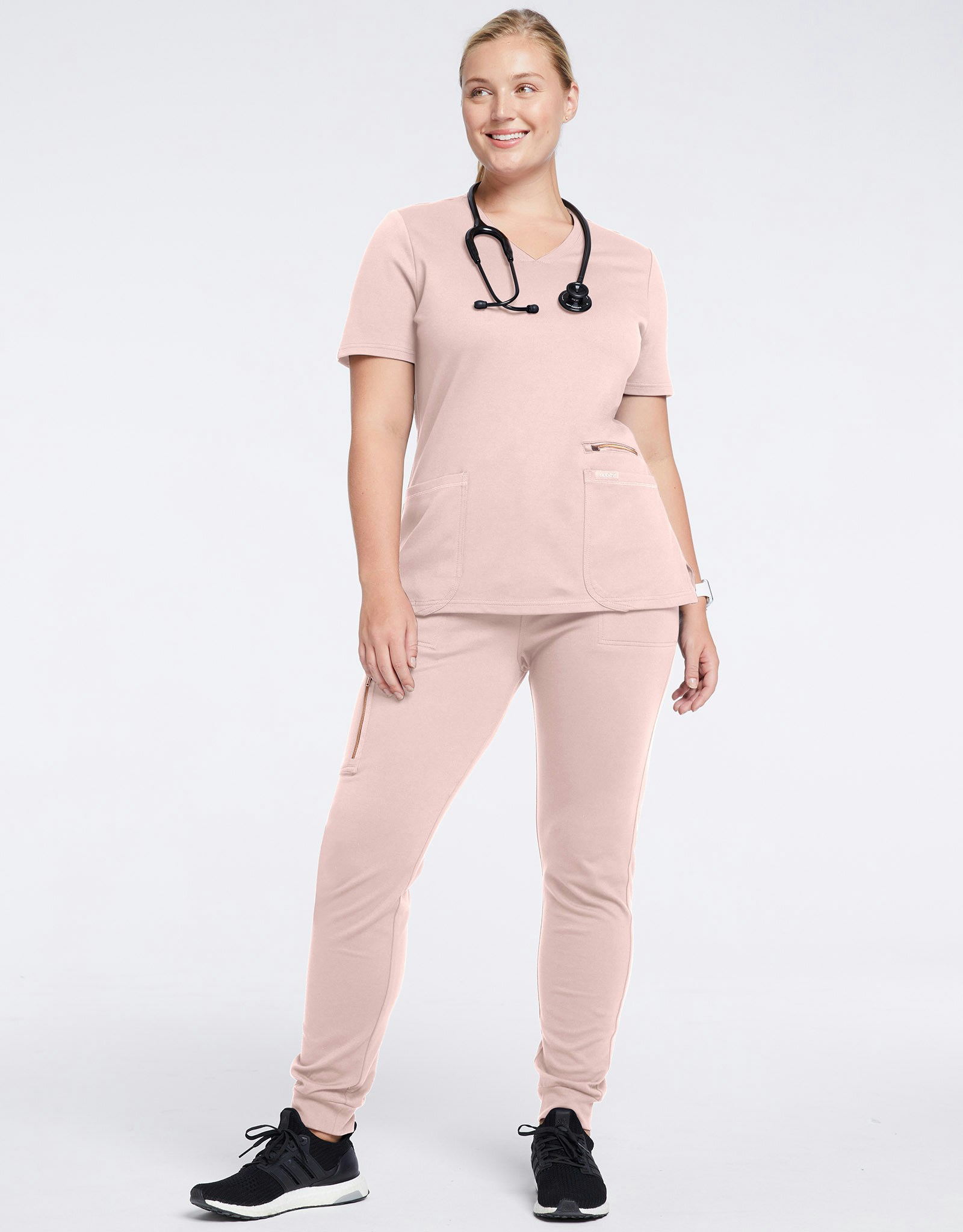Women's Blushing Pink Rose Trim 4Pocket Scrub Top Jaanuu