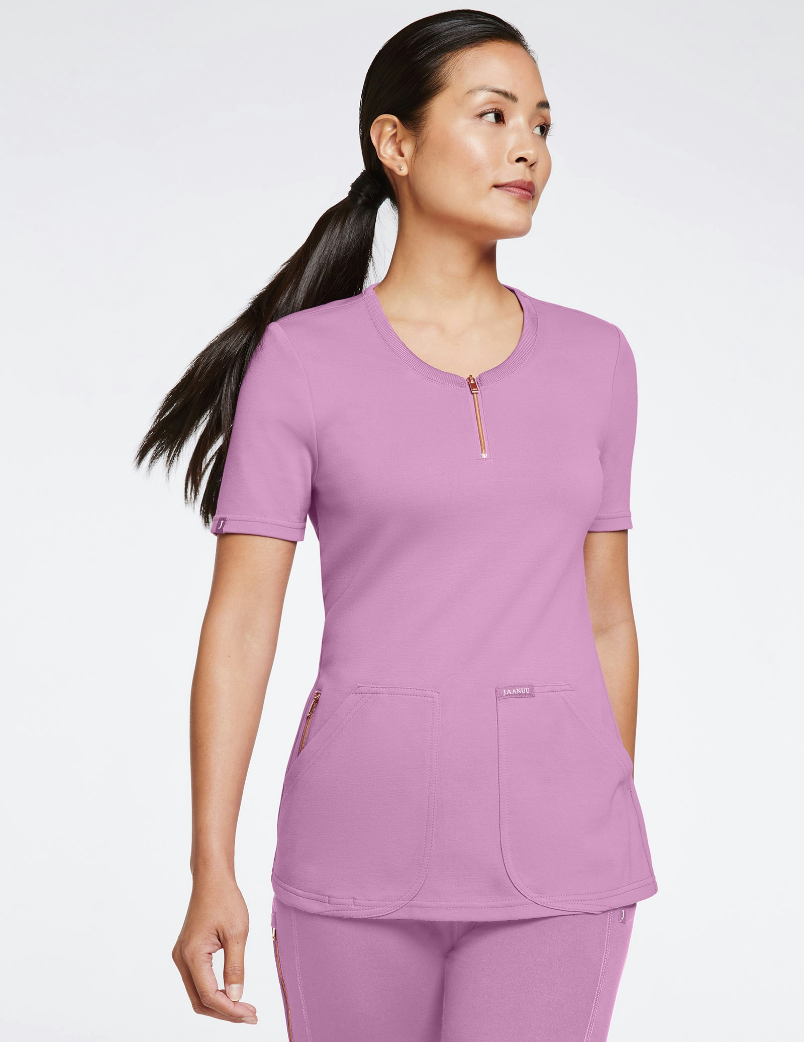 Women’s Rose Trim Rib Crew Top in Mauve Medical Scrubs by Jaanuu