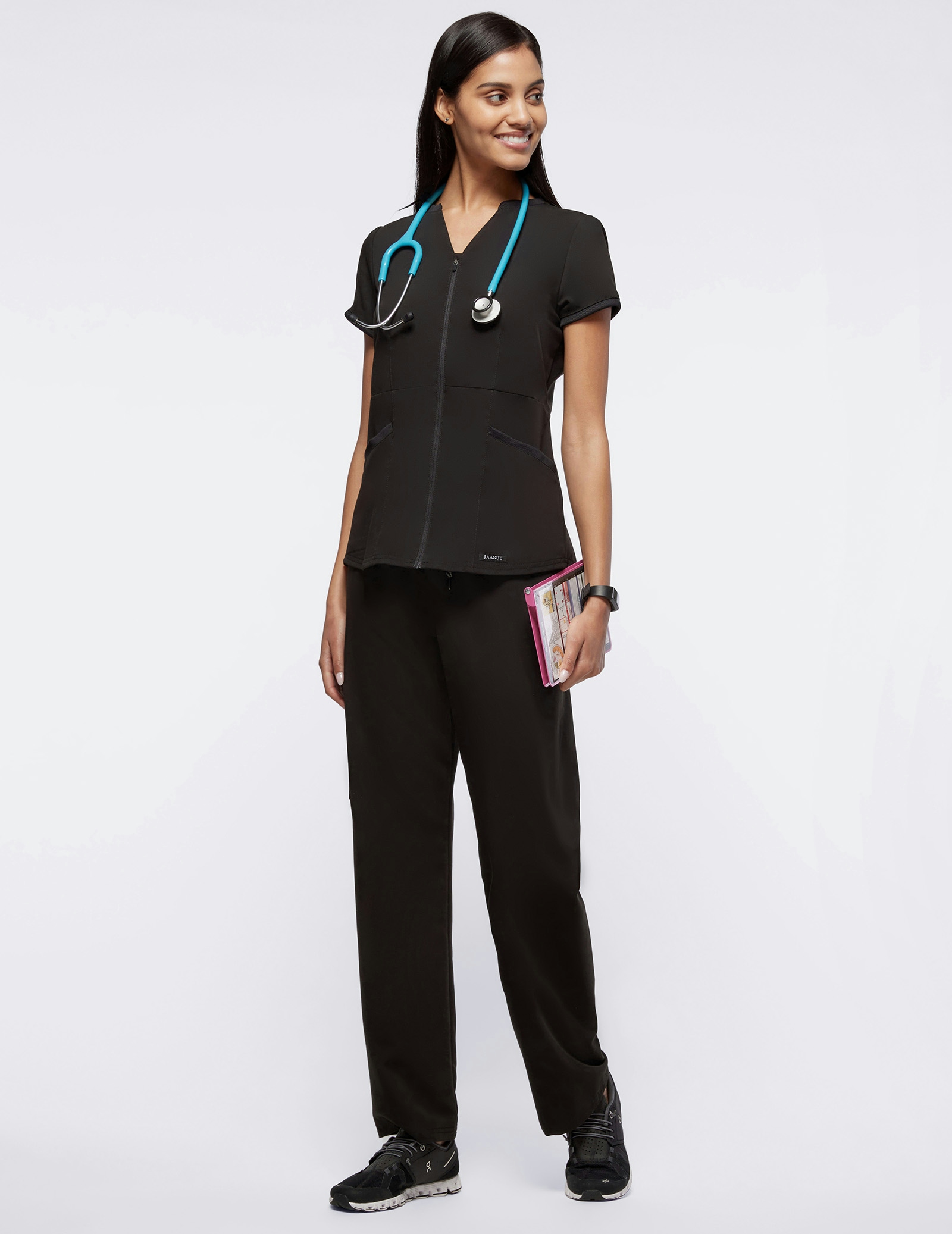 Women's Black Full Zip Notched Neck Scrub Top Jaanuu