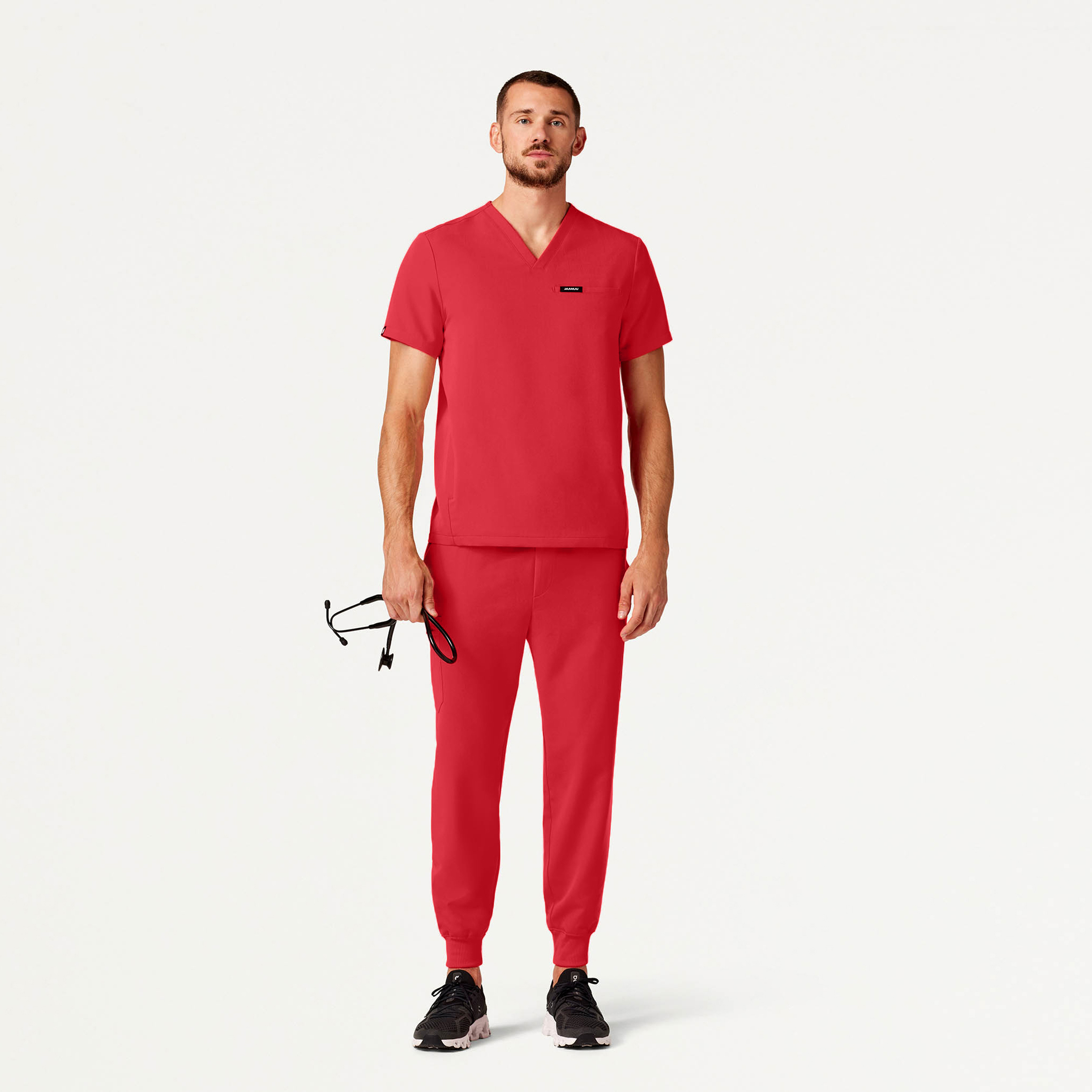 Platt 3Pocket Scrub Top in Brilliant Red Men's Tops by Jaanuu