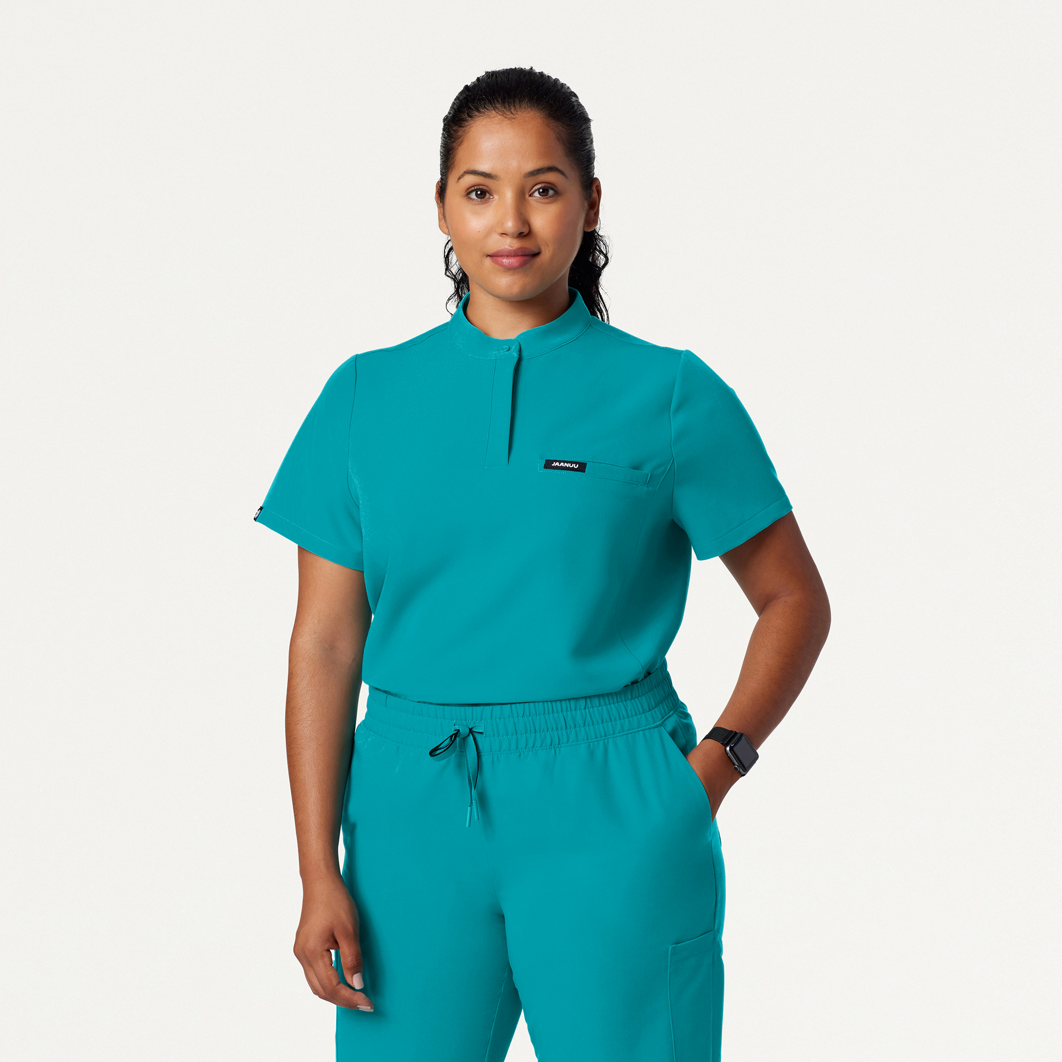 Savi TuckIn StandCollar Scrub Top in Aqua Women's Tops by Jaanuu