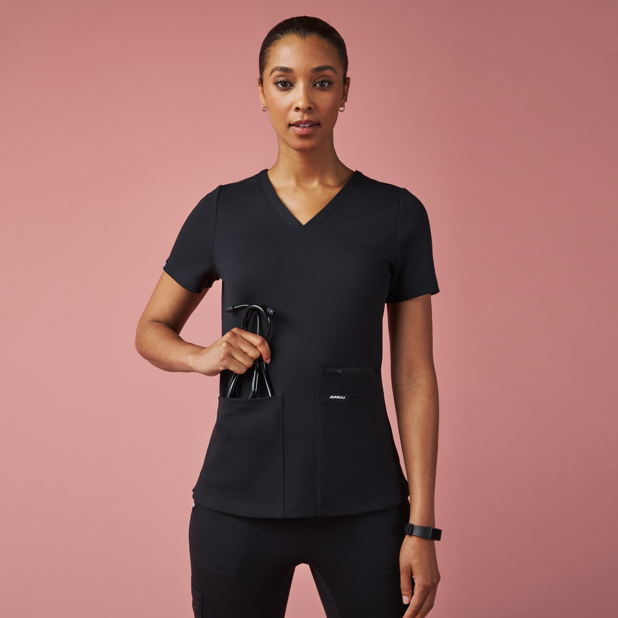 Jaanuu Women's Black Scrubs Top and Jogger Set online - Size XXS